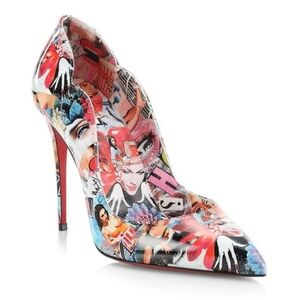 CHRISTIAN LOUBOUTIN HOT CHICK COLLAGE PRINT PATENT LEATHER PUMPS 38.5
